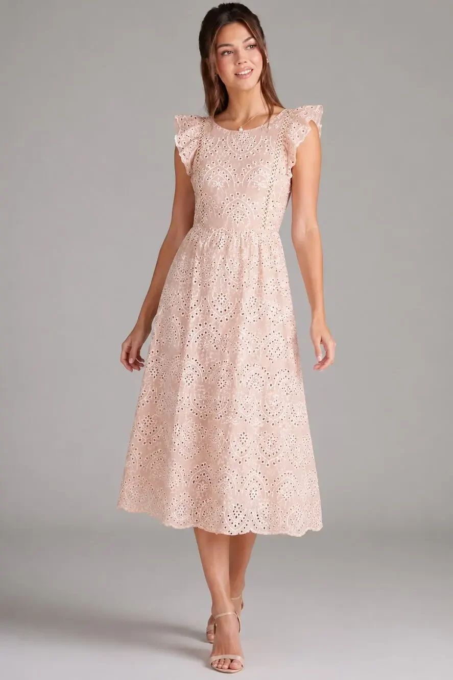 Sam Edelman Eyelet Embroidered Midi Dress Natural Flutter Sleeve NWT Size 4